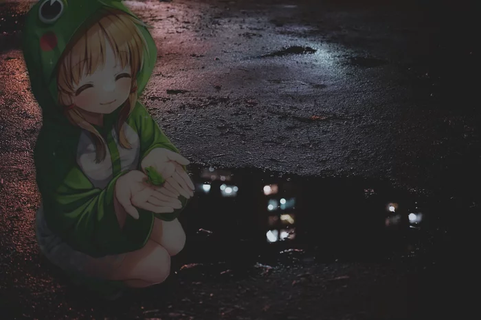 Jabki, two whole - My, Anime art, Anime madskillz, Puddle, Night, Animals, 2D Among Us, Anime