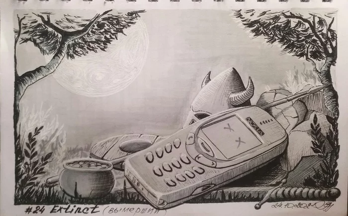 Extinct (Inktober) - My, Nokia 3310, Викинги, Sketch, Sketchbook, Liner, Inktober, Beginner artist, Extinct species, , Drawing