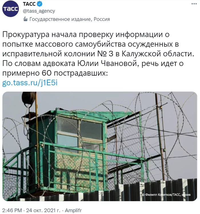 The prosecutor's office began checking information about a mass suicide attempt in a colony near Kaluga - Russia, Negative, Prosecutor's office, The colony, FSIN, Suicide, Torture, Kaluga, , TASS, news