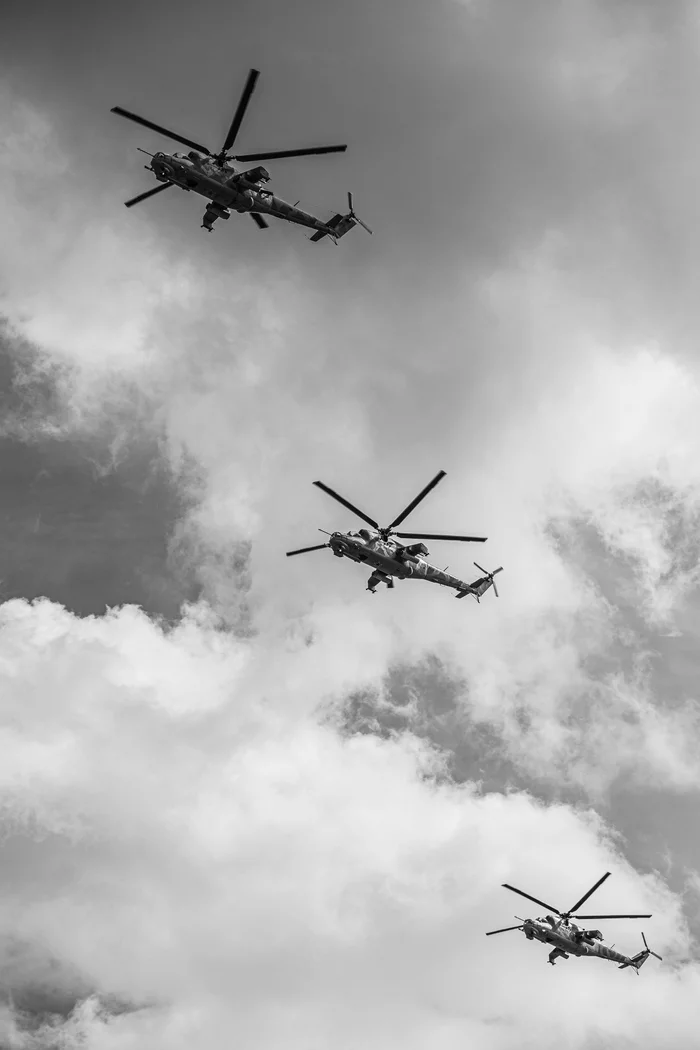 In the sky - My, Helicopter, Airplane, Fighter, Black and white photo, Black and white, May 9 - Victory Day, Longpost