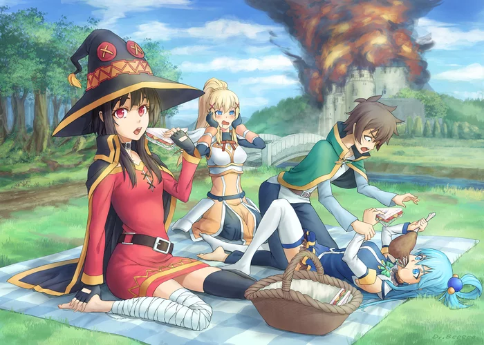 Picnic - Anime art, Anime, Megumin, Darkness, Kaedehara Kazuha, Aqua, Konosuba