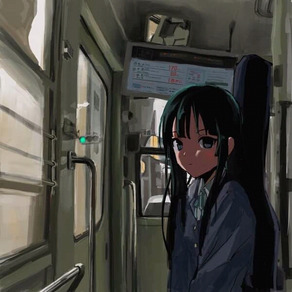 In the vestibule - Anime, Anime art, Anime original, Girls, Railway carriage, k-On, Akiyama Mio