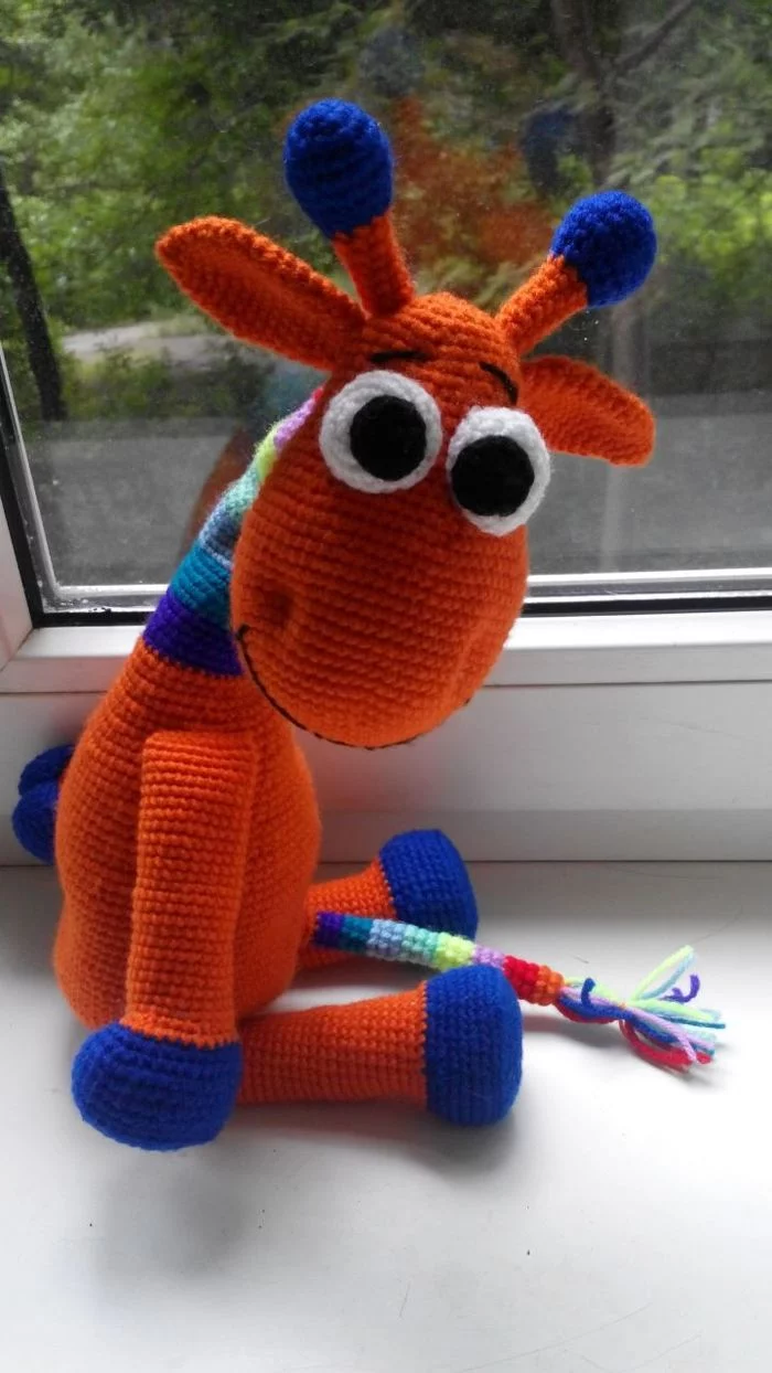 Bright giraffe - My, Giraffe, Toys, Crochet, Hook, With your own hands, Products for children, Longpost, Handmade, Amigurumi, , Knitting, For the little ones