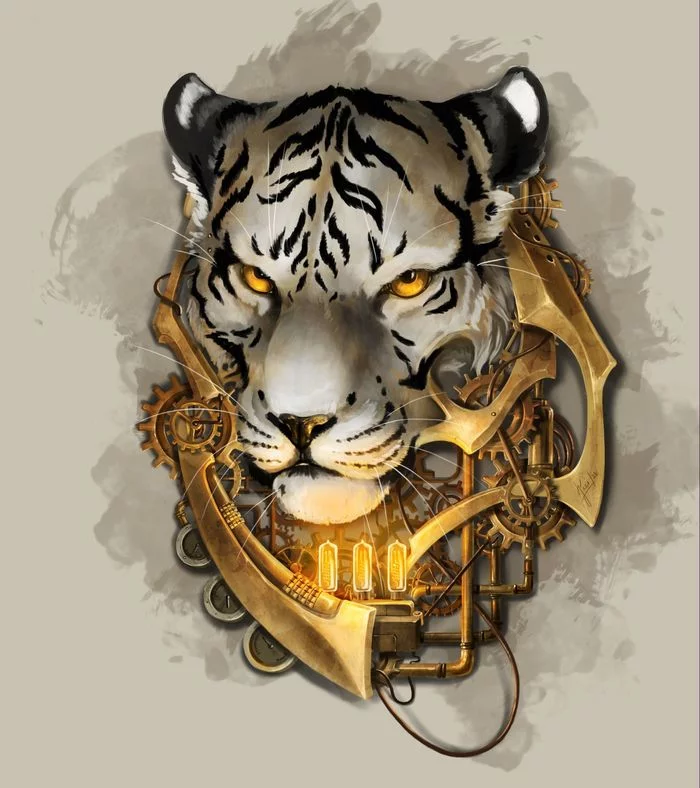 Steampunk tiger - My, Art, Computer graphics, Animals, Patterns, Wolf, Jaguar, The Bears, Tiger, cat, Celts, Aztecs, Steampunk, Keynari, Longpost