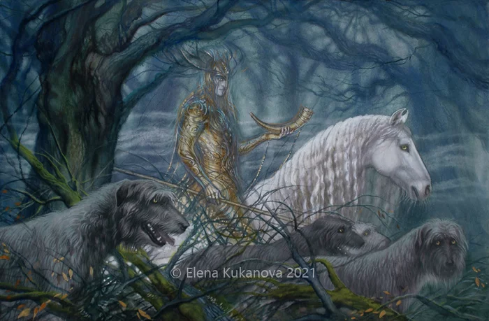 King of the Forests - My, The silmarillion, Tolkien, Tolkien's Legendarium, Valar, Irish wolfhound, Animalistics, Fantasy, Painting, Watercolor, Illustrations, Animals, Celtic mythology, Forest, Longpost