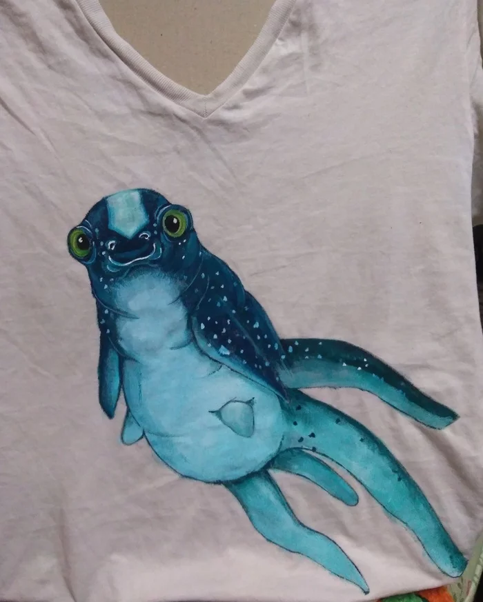 Sea weasel on a T-shirt - My, Subnautica, Computer games, Art, Drawing, Cloth, Needlework without process, Painting on fabric, Longpost