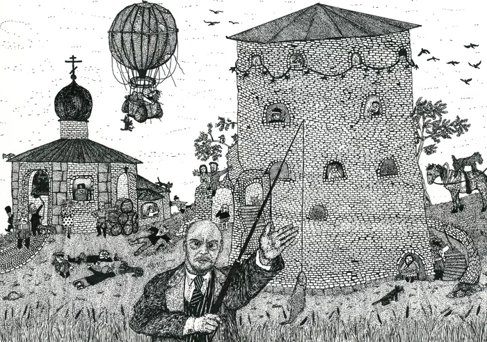 Lenin fishing at the Gremyachaya Tower - My, Lenin, Pskov, Pen drawing, Black and white, Monochrome