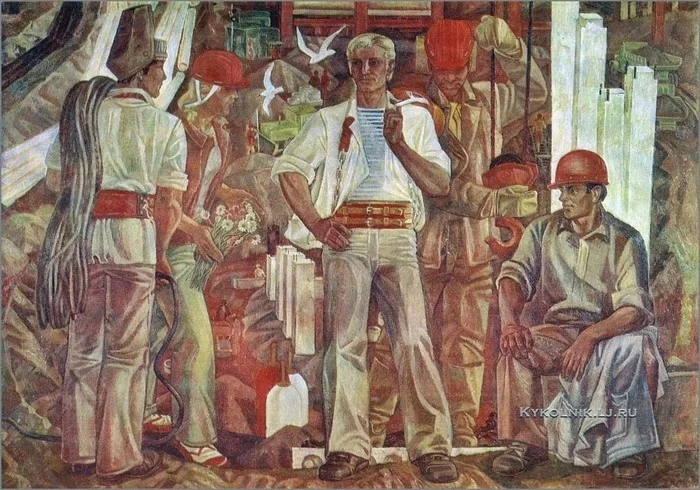 Tractor factory builders :) - Artist, Painting, Oil painting, Images, Art, Socialist Realism, Portrait, Creation, Building, Industrialization, beauty, the USSR, Made in USSR, Tractor Plant, Monumental