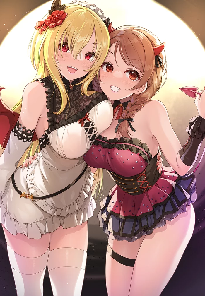 duet of succubi) - Anime, Anime art, Tail, Stockings, Idolmaster Cinderella Girls, Karen Hojo, Succubus, 