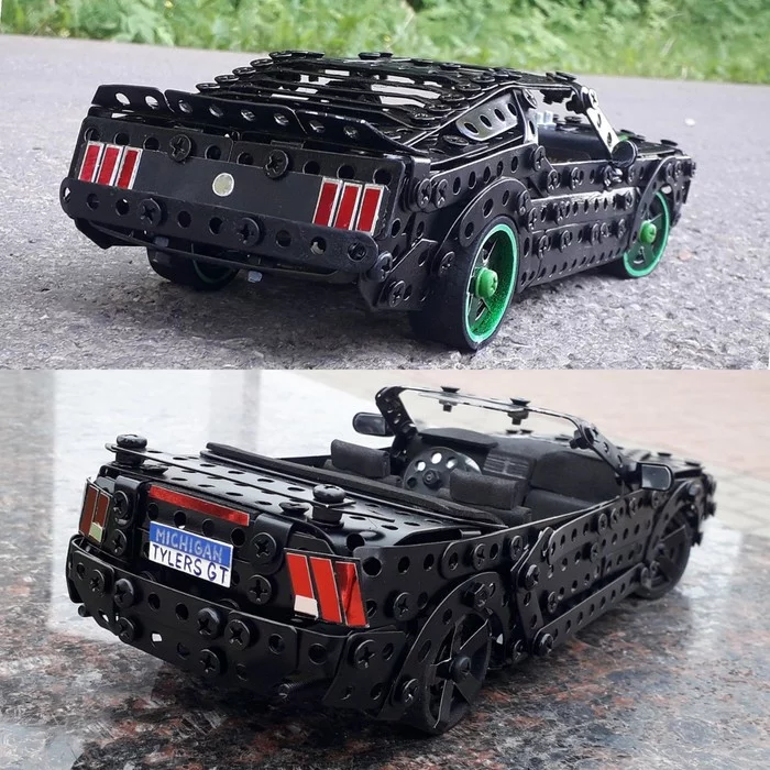 1969, 1999 Ford Mustang made of metal constructor, wire, rubber, leather and cardboard - My, Modeling, Constructor, Scale model, Ford, Ford mustang, Retro car