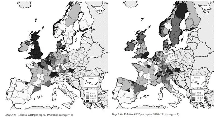 How did the relative wealth of European regions change from 1900 to 2010 - Industry, Europe, Regions, Wealth