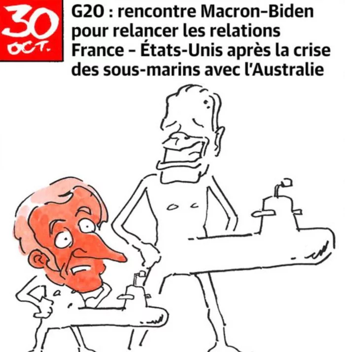 So, through the eyes of a cartoonist from the French magazine Charlie Hebdo, negotiations between Joe Biden and Emmanuel Macron took place - Caricature, Emmanuel Macron, Joe Biden, Humor, Submarine, Charlie hebdo