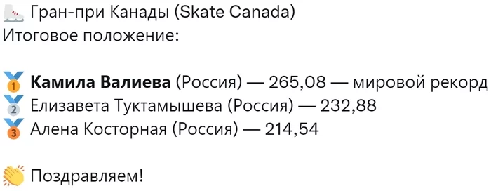 Kamila Valieva wins the Skate Canada Grand Prix in Vancouver with two world records - Sport, Canada, Figure skating, Figure skaters, Russia, Victory, Congratulation, gold medal, World record, Elizaveta Tuktamysheva, First channel, Vancouver, Video, Longpost, Kamila Valieva, Alena Kostornaya