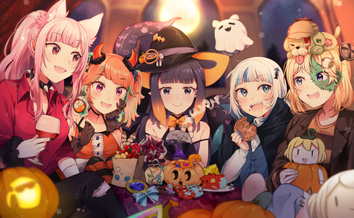 Happy Halloween! , Anime Art, Virtual YouTuber, Hololive, Mori Calliope, Takanashi Kiara, Ninomae Inanis, Gawr Gura, Watson Amelia, 