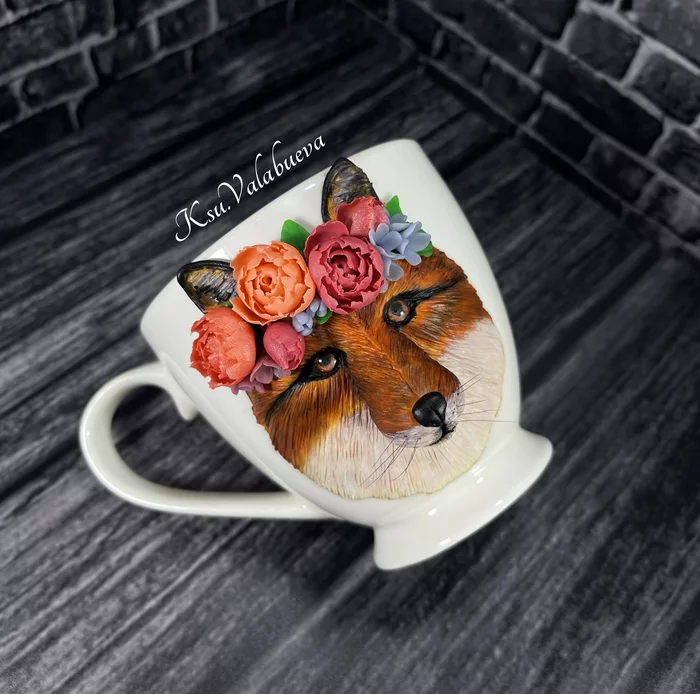 Fox in peonies - My, Polymer clay, Кружки, Mug with decor, Handmade, Needlework without process, Needlework, Fox, Peonies, Flowers, Redheads, Longpost