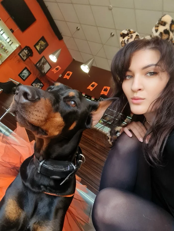 Halloween at work :) - My, Dog, Halloween, Doberman, Girls, Mood, Longpost