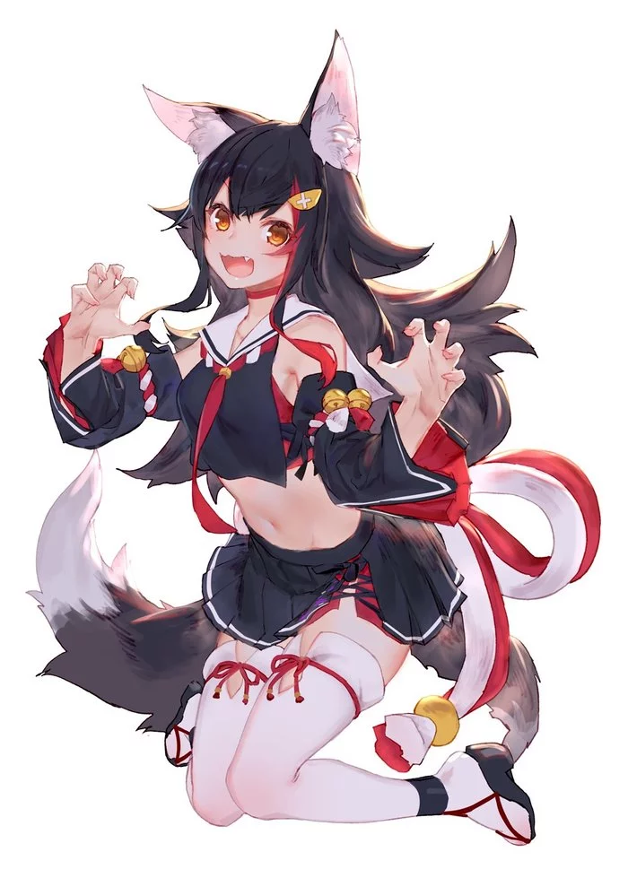 Okami Mio - Anime, Anime art, Virtual youtuber, Ookami Mio, Animal ears, Kitsune, Stockings, Choker, Seifuku