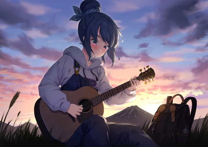 Evening - Anime, Anime art, Yuru camp, Shima Rin, Guitar, Fujiyama, Sunset