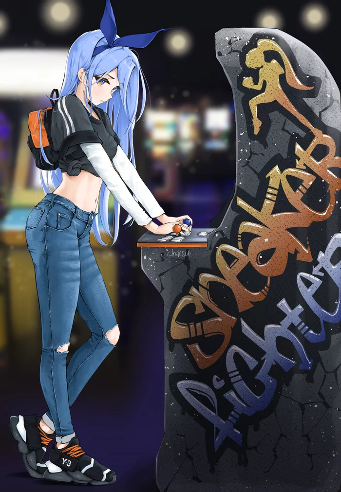 Girl at the arcade - Anime, Anime art, Anime original, Original character, Slot machines, Chaesu