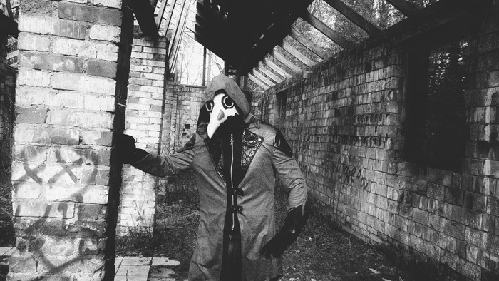 Plague Doctor Apatius - My, Plague, Plague Doctor, Cosplay, PHOTOSESSION, Abandoned, Abandoned house, Black and white, The photo, Characters (edit), Birds, Longpost