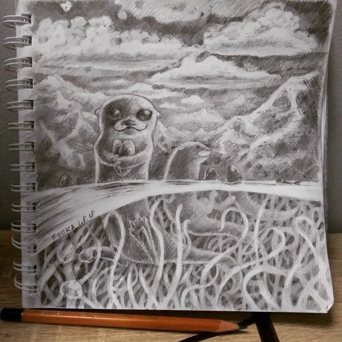 Marine mood - My, Pencil drawing, Pencil, Sea, Wild animals