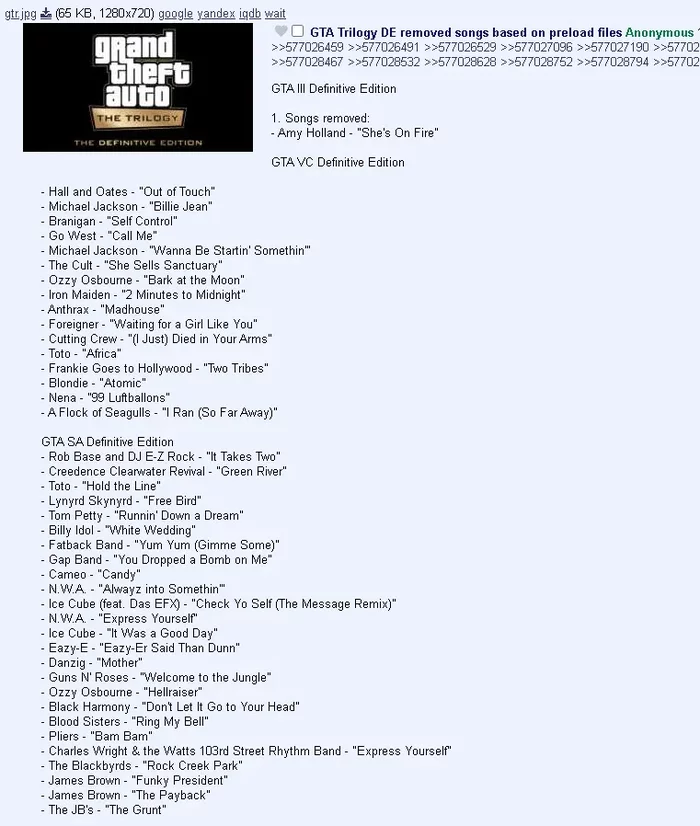 (Rumor) Possible list of cut music from the updated GTA trilogy - Gta, GTA: San Andreas, Gta vice city, Gta 3, Copyright, Rockstar, Music, Games, Picture with text