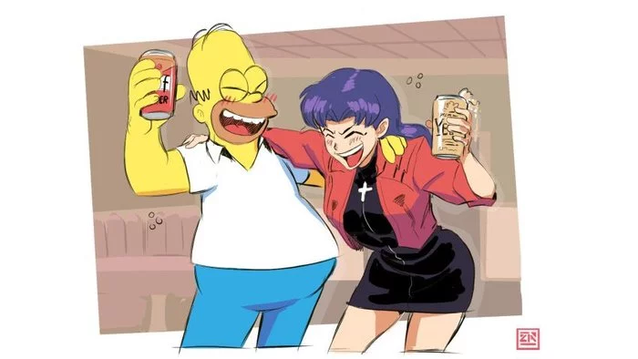 Drunks - Evangelion, The Simpsons, Art, Anime, Crossover, Homer Simpson, Misato katsuragi