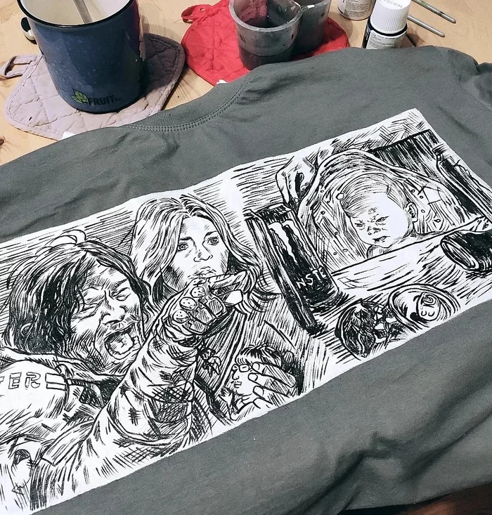 T-shirt painting based on Death Stranding - My, Painting on fabric, Creation, Painting, Cloth, Hobby, T-shirt, Needlework without process, Death stranding, Hideo Kojima, Norman Reedus, Two women yell at the cat
