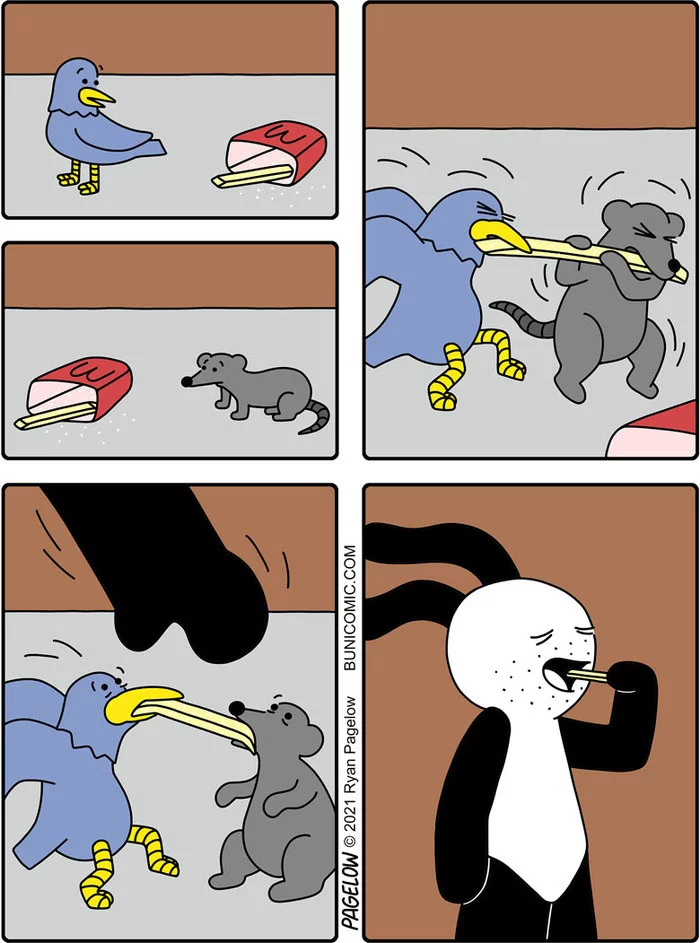 Dad won the battle for food - Buni, Pagelow, Food, Battle, Buni Dad, French fries, Mouse, Birds, Comics