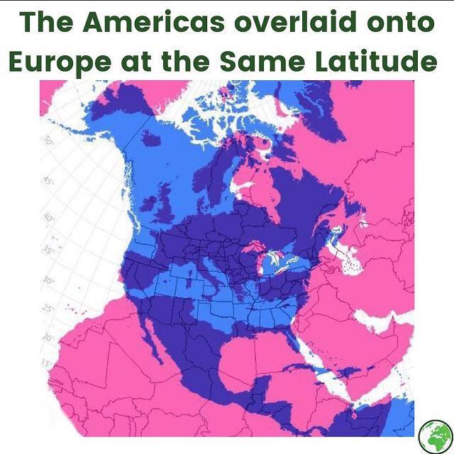 Map of America superimposed on a map of Europe on the same parallel - Cards, North America, Europe