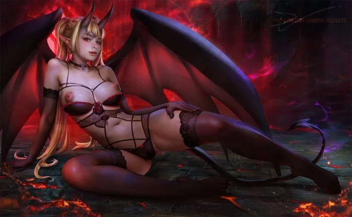 Demoness - NSFW, Art, Drawing, Demoness, Succubus, Girls, Erotic, Hand-drawn erotica, Underwear, Stockings, Boobs, Labia, Clitoris, Wings, Tail, Girl with Horns, Demonlorddante