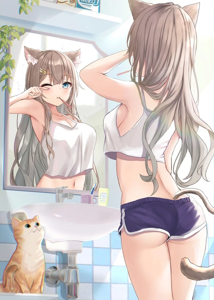 Lady-Cat - NSFW, Art, Anime art, Anime original, Neko, Girls, Erotic, Hand-drawn erotica, Underwear, Boobs, Booty, Pantsu, Topless, Mirror, Reflection, Animal ears, Tail, Back view, Original character, Longpost