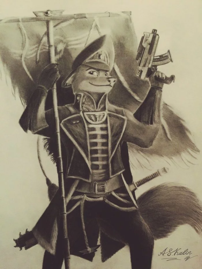 Commissioner Nick - Zootopia, Warhammer 40k, Crossover, Andrejskalin, Nick wilde, Graphics, Traditional art, Drawing, Furry