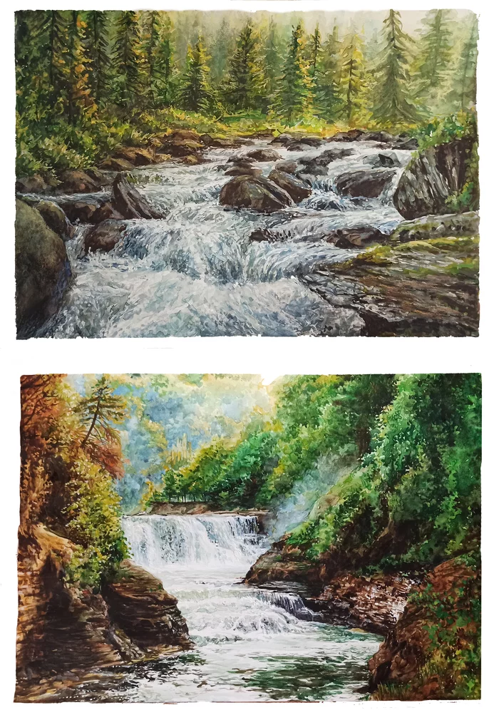 Watercolor sketches - forest landscapes - My, Watercolor, Forest, Travels, Art, Sketch, Drawing, Waterfall, Art