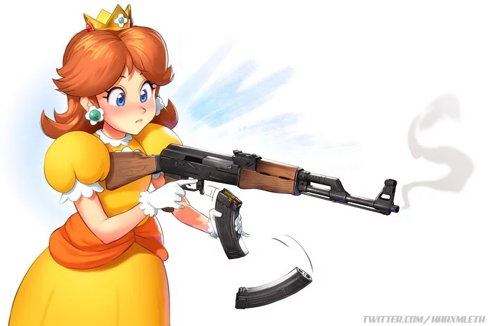 Now I won't be kidnapped - Games, Mario, Kalashnikov assault rifle, Art, Princess Daisy, Mleth