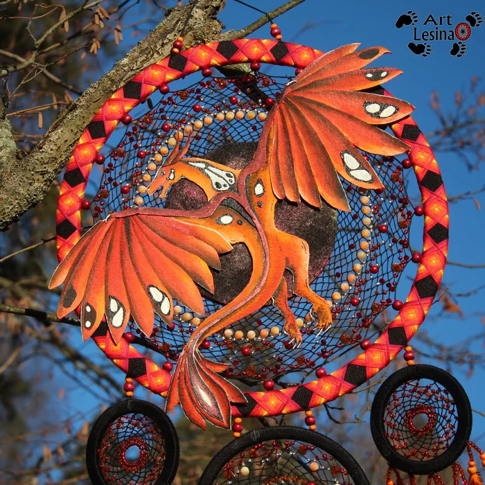 Big dream catcher Fiery Space Dragon - My, The Dragon, Dreamcatcher, Presents, Amulet, Fire, Longpost