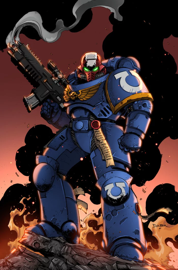 Ultramarine by Valeria Verdi (colour) & Max Dunbar (b/w original) - Max Dunbar, Adeptus Astartes, Ultramarines, Wh Art, Warhammer 40k, Longpost