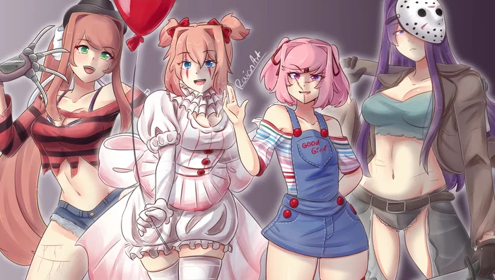 doki doki horror club - Doki Doki Literature Club, Sayori, Natsuki, Yuri DDLC, Monika, Anime art, Anime, Crossover, Friday the 13th, A Nightmare on Elm Street, Chucky, It