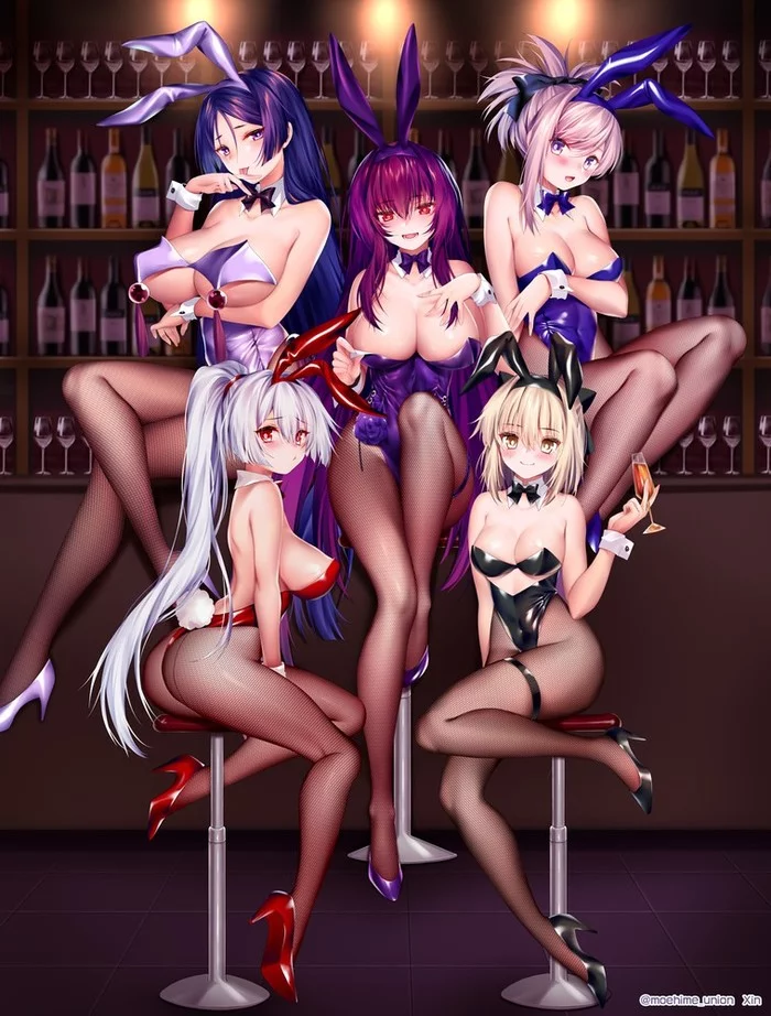 Bunnies Fate - NSFW, Fate, Fate grand order, Fate-stay night, Artoria pendragon, Ishtar, Ereshkigal, Scathach, Jeanne darc, Minamoto no Raikou, Okita souji, Tomoe gozen, Scathach Skadi, Anime, Anime art, Hand-drawn erotica, Bunnysuit, Etty, Boobs, Animal ears, Bar, Longpost