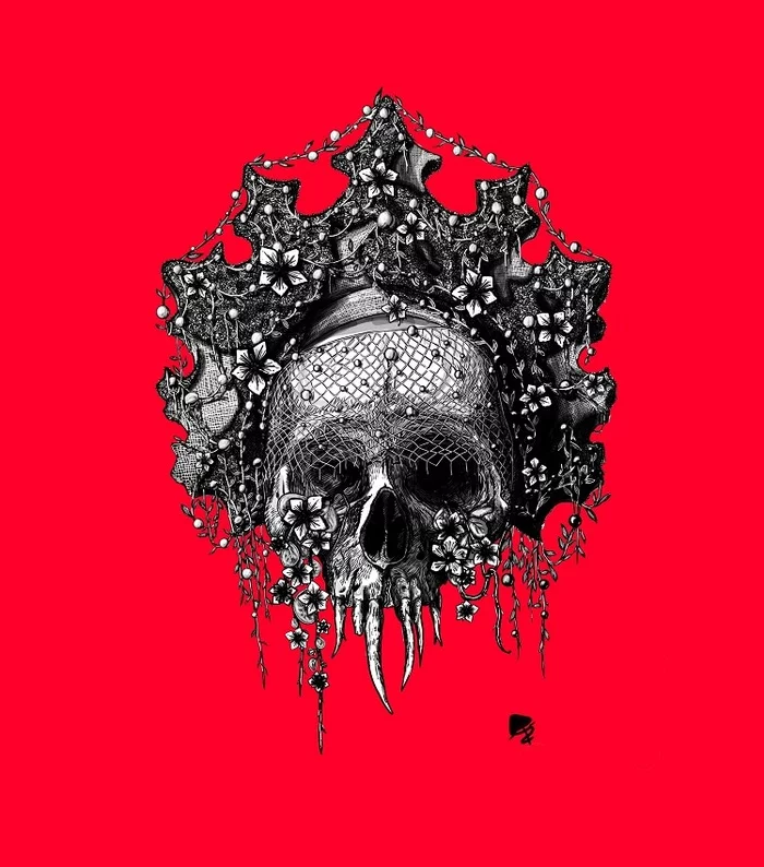 Skull kikimora in PS - My, Kikimora, Scull, Sketch, Drawing, Art, Tattoo, Poster, Print, Girls, Black and white, Kokoshnik