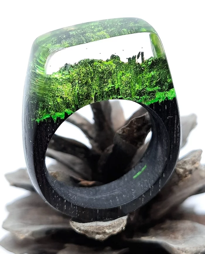 Ring Heart of the Forest - My, Ring, Bijouterie, Epoxy resin jewelry, Ring, Epoxy resin