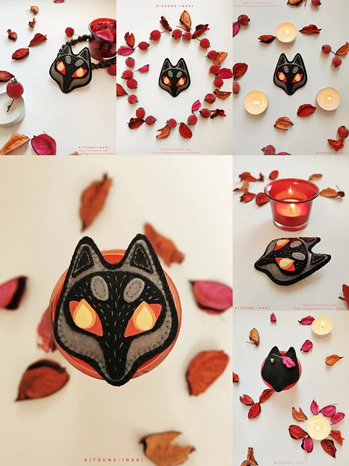 Fire Eyed Demon Fox - My, Fox, Animals, Kitsune, Demon, Creation, With your own hands, Handmade, Crafts, Needlework, Needlework without process, Felt, Brooch, Decoration, Sewing, Mystical decorations, Creative, Mystic, Toys, Fire, Gloomy
