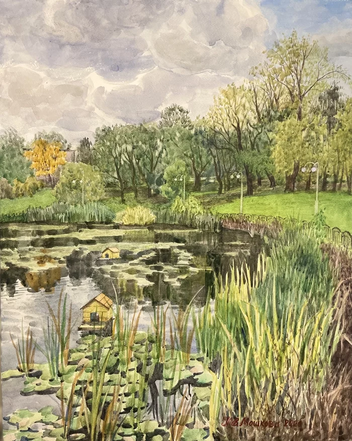 travinskoe lake - My, Landscape, Watercolor, Painting, Realism, Painting, Nature, Nature, Lake, Pushkino, Autumn, Water, Sky, Clouds, Tree, Artist, Art, Art