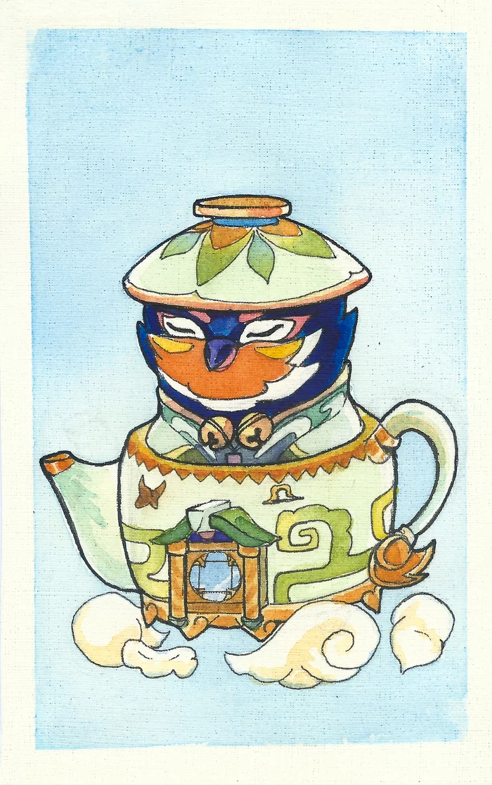 I drink tea and advise you - My, Beginner artist, Painting, Drawing, Traditional art, Art, Sketchbook, Watercolor, Genshin impact, Liner, Finches, Aether