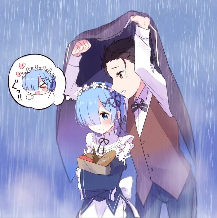 Внезапный дождь - Re:Zero Kara, Rem (Re:Zero Kara), Natsuki Subaru, Anime Art, Аниме