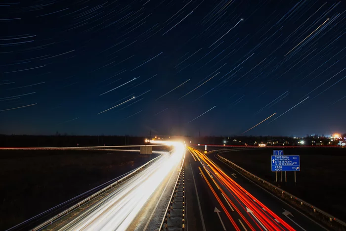 World in motion - My, Pskov, Stars, Night, Sky, Track, Light, Road