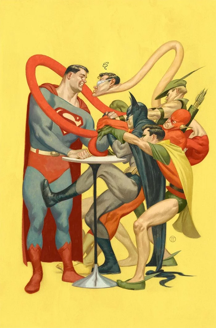 DC Arm Wrestling by Julian Totino Tedesco - Dc comics, Superman, Batman, Robin, Flash, Green Arrow, Art, Superheroes, Arm wrestling, 
