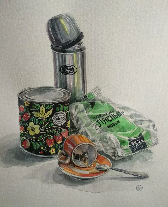 For tea - My, Painting, Thermos, Tea, Gingerbread, Watercolor, Art