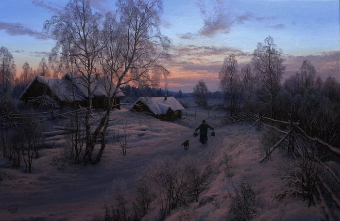 January evening - Village, Art, Winter, Village