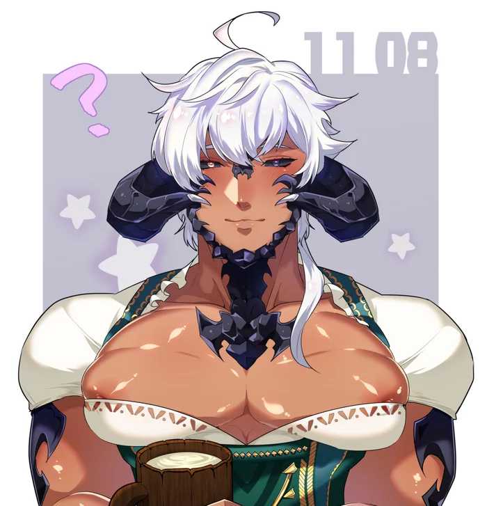 Barmaid - Au Ra, Final Fantasy, Final fantasy xiv, Ambush, Androgynous, Biesenen, Anime, Anime art, Art, Lime and Kiwi, Lime Art, Crossdressing, 